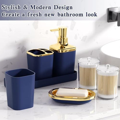 XLHOMO Blue and Gold Bathroom Accessories Set, Bathroom Sets with Shower Curtain, Blue Bathroom Accessories with Trash Can, Soap Dispenser, Soap Dish, Toilet Brush Holder, Qtip Holders for Bathroom