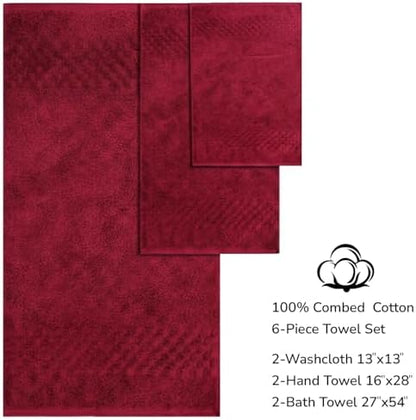 Feather & Stitch 100% Cotton 625 GSM Bath Towel Set of 6, Ultra Soft Highly Absorbent 2 Bath Towels, 2 Hand Towels & 2 Washcloth - Luxury Quick Dry Shower Towels (Wine Red)
