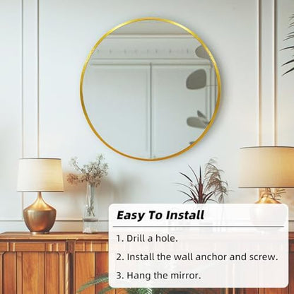 Gold Round Mirror 28 inch, Circle Mirror, Brushed Gold Metal Frame