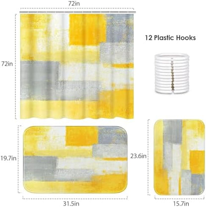 ArtSocket Bathroom Set, Shower Curtain and Bath Rugs Yellow Grey
