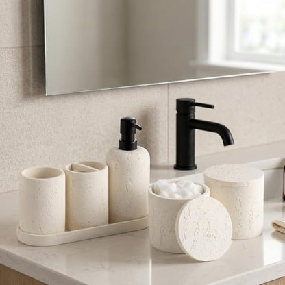 Bathroom Accessories Set,4 PCS Travertine Stone Look Collection,Cream