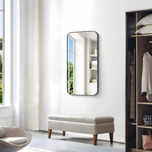 BONEWEI 20x36 inch Bathroom Mirror,Black Rectangle Mirror,Wall Mounted Bathroom Frame Vanity Mirror with Round Corner for Bedroom Living Room,Entryway Hangs Horizontal or Vertical