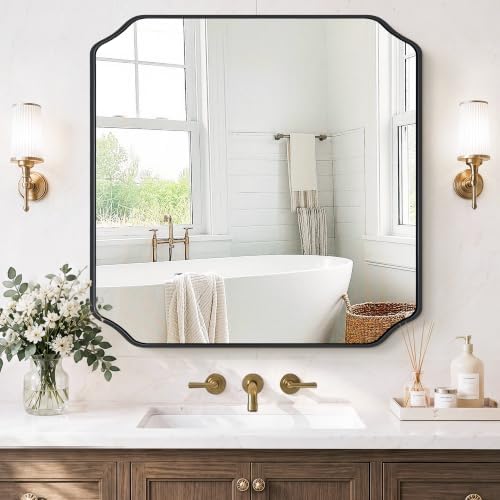 Vanity Bathroom Mirror, 30" x 30" Black Scalloped Mirror for Wall