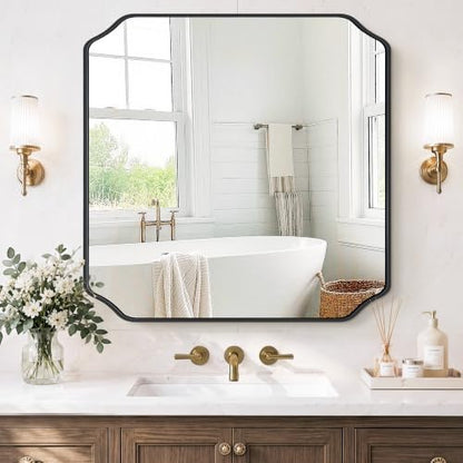 Vanity Bathroom Mirror, 30" x 30" Black Scalloped Mirror for Wall