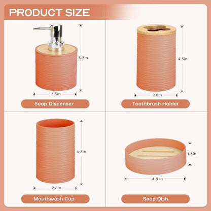 RRM 4 Piece Bamboo Bathroom Accessories Set, Boho Bathroom Decor, Orange