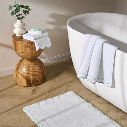 Peri Home 2 Piece Cotton Bath Towel Set, Embroidered, White, Sage Scallop