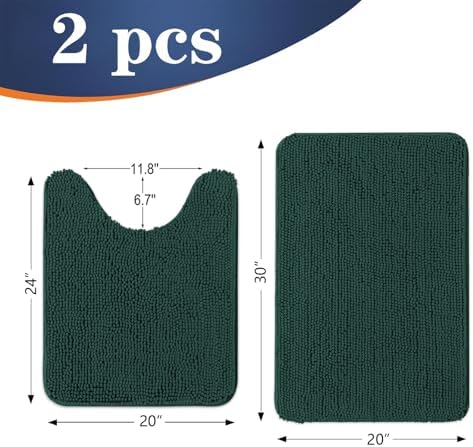 OLANLY Chenille Bathroom Rugs Sets 2 Piece, 30"x20"+24"x20", Blackish Green