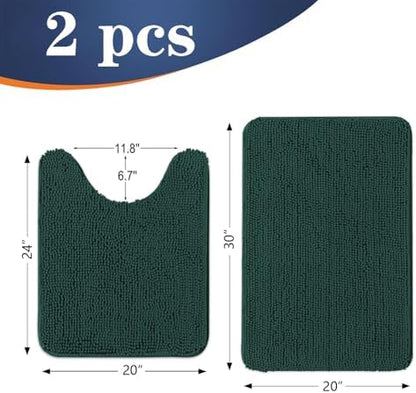 OLANLY Chenille Bathroom Rugs Sets 2 Piece, 30"x20"+24"x20", Blackish Green