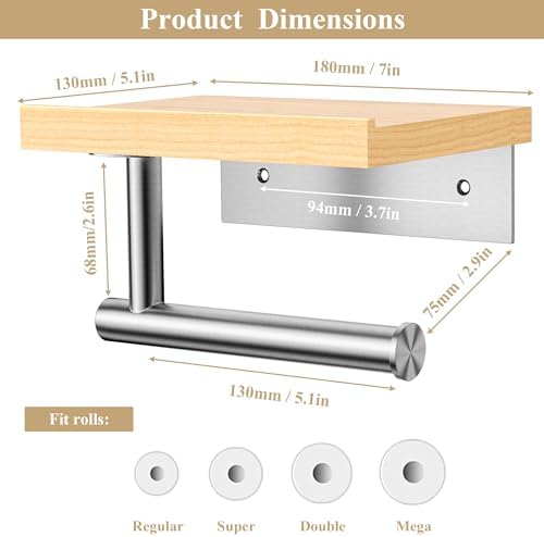 Tindbea Toilet Paper Holder with Wood Shelf, Wooden Wall Mount Tissue Paper Roll Holder, Brushed Nickel Stainless Steel Bathroom Accessories Decor for Home (Maple, Brushed Nickel)