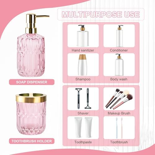 RRM Glass Bathroom Toothbrush Holder and Soap Dispenser Set, Pink
