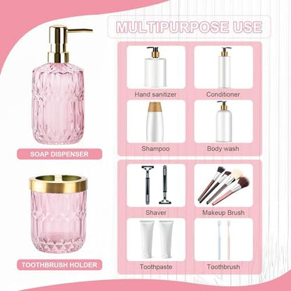 RRM Glass Bathroom Toothbrush Holder and Soap Dispenser Set, Pink