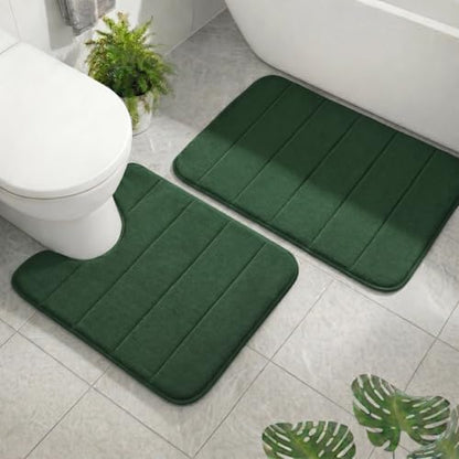 2 Piece Memory Foam Bath Mat Set, Extra Soft Absorbent Bathroom Rugs with U-Shaped Toilet Rug, Non-Slip Backing, Machine Washable, 24x16 + 20x20 U-Shaped, Dark Green