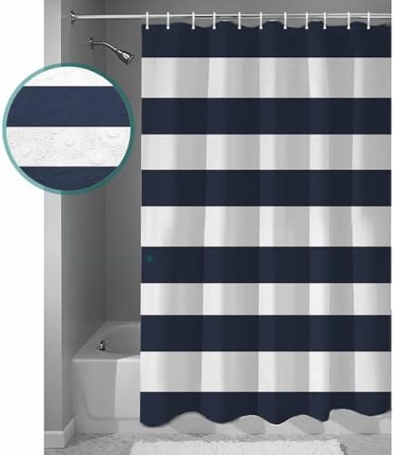 Shower Curtain Bathroom Set Navy Blue and White Stripe Waterproof Shower Curtains with Grommets Hooks Classic Texture Privacy Bath Curtain for Bathtub Decor 60x72in