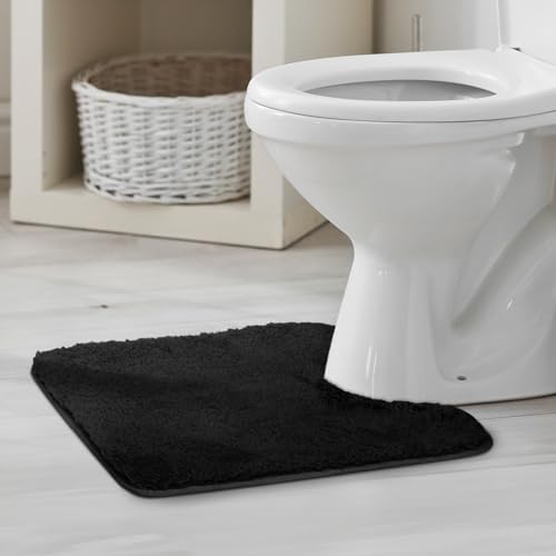 TECHMILLY U Shaped Super Soft Shaggy Bathroom Rugs, Absorbent Thick Non Slip Microfiber Toilet Rugs, Quick Dry Machine Washable Bath Mat for Bathroom Floor, Bathtub and Shower 24"x20" Black