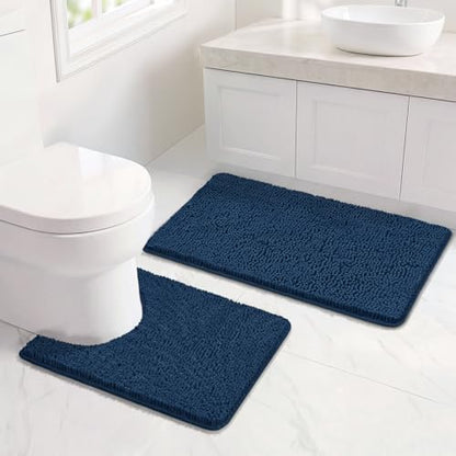Bcoimo U Shaped Bath Rug Mat Set,2 Piece Chenille Navy Toilet Bathroom Rugs