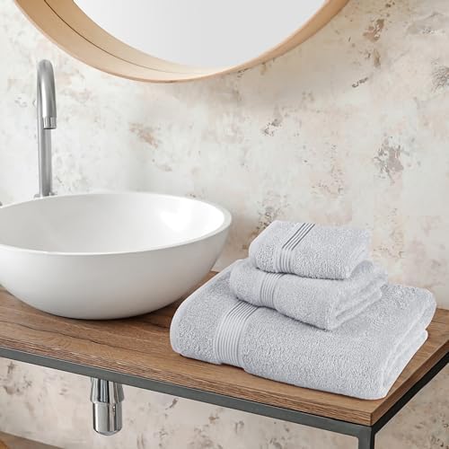 Belizzi Home Ultra Soft 3 Pack Cotton Towel Set, Contains a Bath Towel 28x55 inch, a Hand Towel 16x24 inch & a Wash Coth 12x12 inch, Ideal Everyday use, Compact & Lightweight - Light Grey