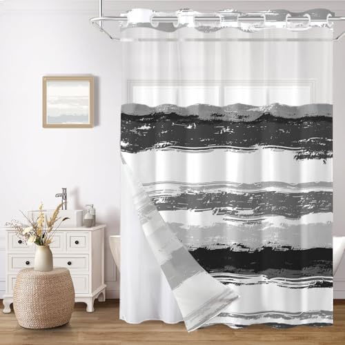 No Hook Shower Curtain with Liner, Black Stripe, 71x74 Inch