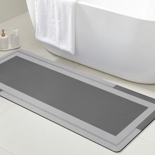 ACCUMTEK Non Slip Bath Mat, Thin Bathroom Rugs Fit Under Door, Quick Dry Bath Mats, Machine Washable Bath Rugs for Bathroom, Bathtub & Kitchen, Grey/Bordered/48 x20