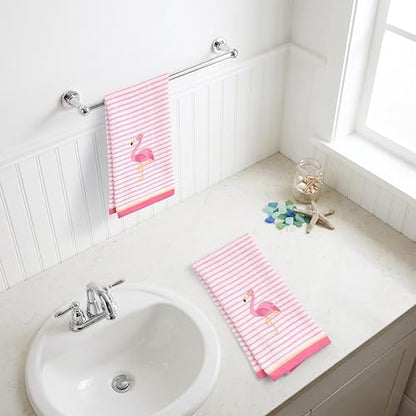 Ritz 2-Piece Cotton Velour Bathroom Hand Towel Set, Embroidered Flamingo Design, Soft Pink Pinstripe Decorative Towels for Tropical, Coastal, or Pool House Decor, 16” x 26”