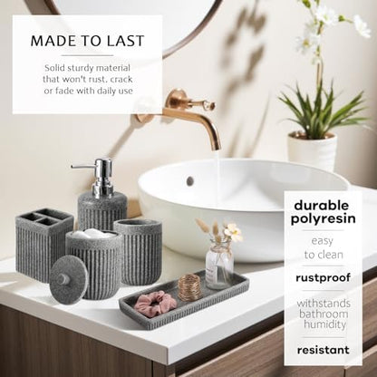 XLHOMO 8-Piece Grey Bathroom Sets with Shower Curtain and Rugs, Resin Bathroom Accessories Sets Complete with Soap Dispenser, Toothbrush Holder, Tumbler & Apothecary Jars Bathroom Essentials