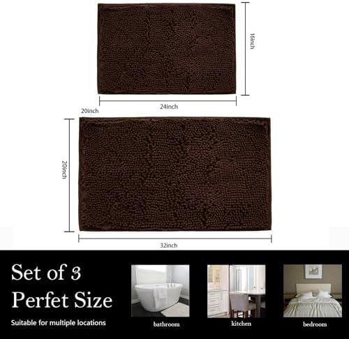 Bathroom Rugs Chenille Bath mat 2 Piece Set, Super Absorbent, PVC Non Slip Backing, Bath mats for Bathroom, Plush Shaggy, Thick, Machine Washable, Bathtub, Shower, Toilet.(Coffee)