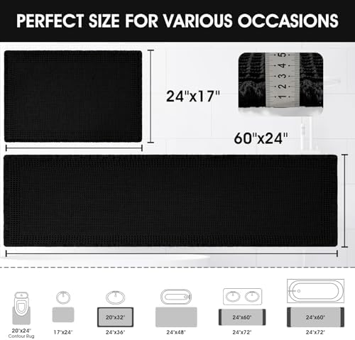 Upgraded Waffle Bath Mat Set 2 Piece Black-Bordered, Super Absorbent Non-Slip Quick Dry Bathroom Rugs with Tassels, Machine Washable Ultra Soft Boho Bath Rugs for Floor, Bath Mats Boho Farmhouse Decor