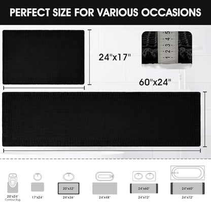 Upgraded Waffle Bath Mat Set 2 Piece Black-Bordered, Super Absorbent Non-Slip Quick Dry Bathroom Rugs with Tassels, Machine Washable Ultra Soft Boho Bath Rugs for Floor, Bath Mats Boho Farmhouse Decor