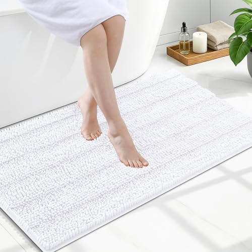 Grandaily Chenille Striped Bathroom Rugs 47x24, Extra Thick and Soft Absorbent Bath Mats, Rubber Backing, Plush Shaggy Shower Carpet, Machine Wash Dry, Bath Rug for Bathroom, Solid White