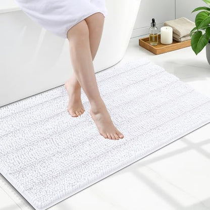 Grandaily Chenille Striped Bathroom Rugs 47x24, Extra Thick and Soft Absorbent Bath Mats, Rubber Backing, Plush Shaggy Shower Carpet, Machine Wash Dry, Bath Rug for Bathroom, Solid White