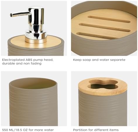 4PCS Beige Bathroom Set, Soap Dispenser, Dish & Bamboo Holder, Rustic