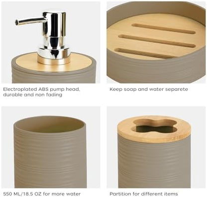 4PCS Beige Bathroom Set, Soap Dispenser, Dish & Bamboo Holder, Rustic