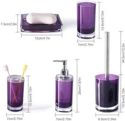 5 Pcs Purple Acrylic Bathroom Accessories Set Complete,Lotion/Soap Dispenser,Soap Dish,Toothbrush Holder, Tumbler,Toilet Brush and Holder,Modern Bathroom Decor and Housewarming Gift Set (Dark Purple)