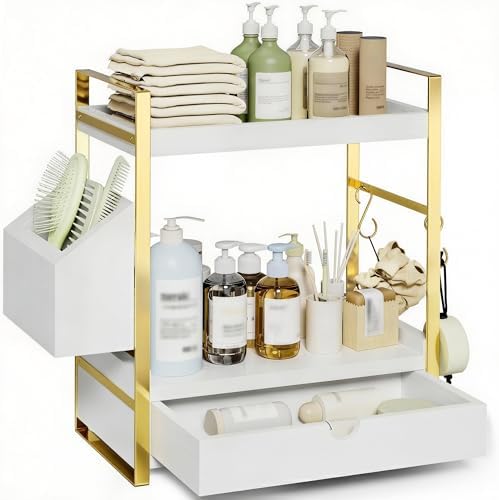 2-Tier Bathroom Counter Organizer, Wooden Vanity Shelf with Drawer & Basket