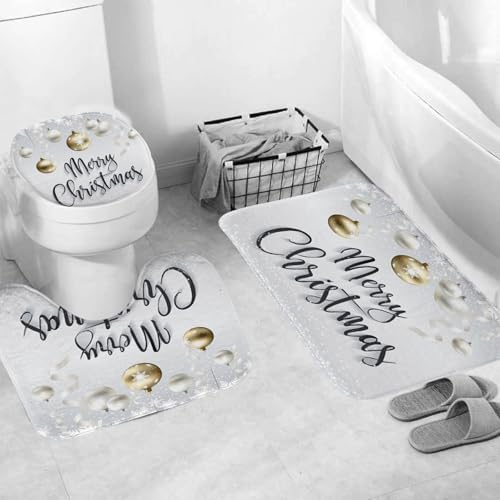 Onalasyc 4-Piece Christmas Shower Curtain Set,Golden Silver Xmas Ball Snowflake Holiday Waterproof Fabric Bathroom Shower Curtain Sets with Rugs,Cortina de baño de Navidad,with 12 Pcs Hooks