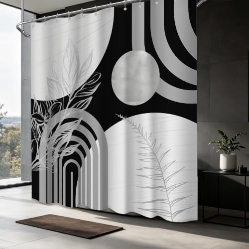 Grey and White Shower Curtain, 72x72 in, Mid Century Modern Black Gray