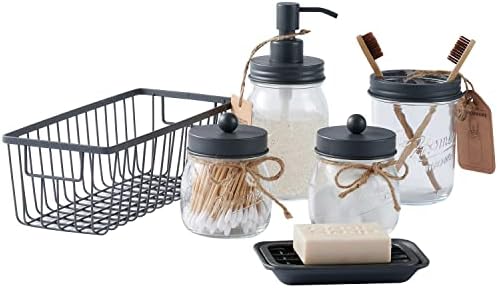 SheeChung Mason Jar Bathroom Accessories Set, 6Pcs Rustic Bathroom Set,Grey