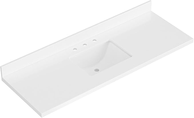 ARIEL 61 inch Bathroom Vanity top with Sink, 1.5 Inch Thick Miter Edge White Quartz top, Rectangle Single Porcelain Sink, Includes Backsplash