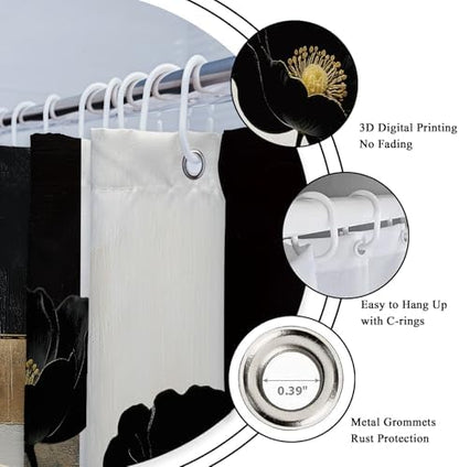Abstract Floral Black Gold Peony 4Pcs Bathroom Shower Curtain Set with Rugs