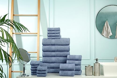 HILLFAIR 100% Cotton 24 Piece Bath Towels Set for Bathroom - Wedgewood Blue