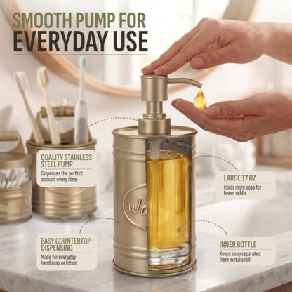 Autumn Alley Antique Gold Bathroom Accessories Set 4 - Farmhouse Soap Dispenser, Toothbrush Holder, 2 Apothecary Jars Qtip Holder - Gold Bathroom Decor – Rustic Farmhouse Bathroom Accessories