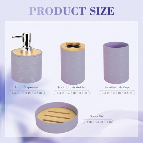 4PCS Lavender Bathroom Set, Soap Dispenser, Dish & Bamboo Holder, Rustic