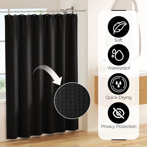 Black Bathroom Accessories Set with Shower Curtain and Rugs, 24-Piece Complete Bath Set with Trash Can, Soap Dispenser, Toilet Brush, and Qtip Holders, Famhouse Bamboo Modern Decor