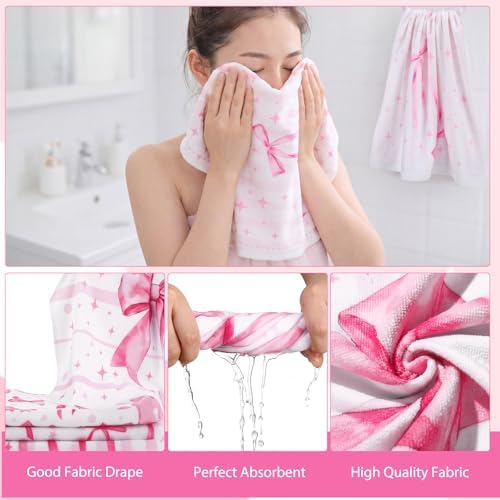 FuWeave 8 Pcs Pink Bow Shower Curtain Sets for Bathroom Decor Cute Coquette Bathroom Accessories Bow Knot Aesthetic Girly Shower Curtain Sets with Towels Carpet Bath Mat Toilet Rugs and 12 Hooks