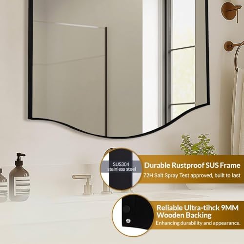 ANDY STAR Scalloped Bathroom Mirror，24"x32" Black Rectangle Wall Mirror with Curved Edge Stainless Steel Metal Frame, Irregular Vanity Wall-Mounted Mirror for Bathroom, Entryway