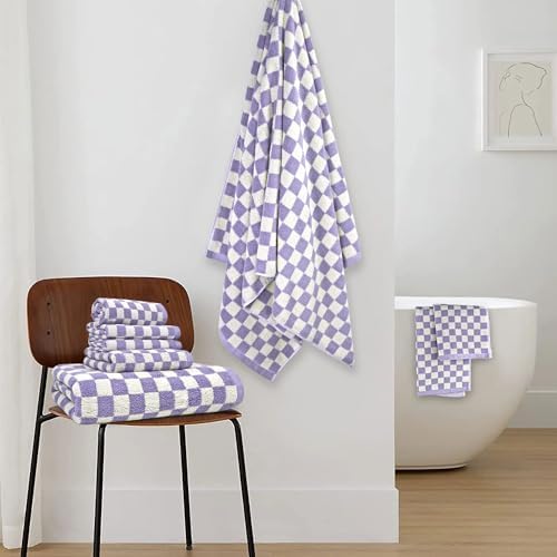 8-Piece Cotton Towels and Washcloths Sets, Checkered Bathroom Towels Set