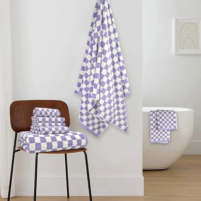 8-Piece Cotton Towels and Washcloths Sets, Checkered Bathroom Towels Set
