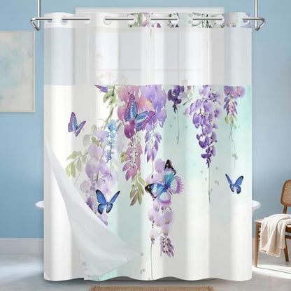 No Hook Shower Curtain with Snap in Liner 71x74 Inch