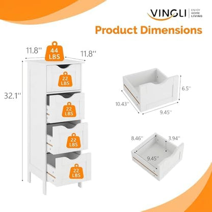 VINGLI White Bathroom Storage Cabinet with 4 Drawers Wooden Freestanding Slim Bathroom Floor Cabinet Small Side Organizer Storage Unit for Restroom Livng Room Kitchen Office Hallway Entryway