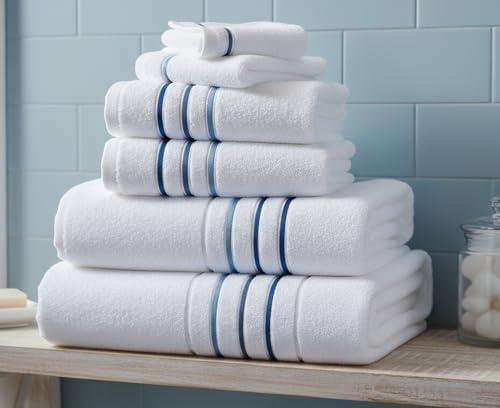 Bath Towels Set for Bathroom – Luxury 6-Piece Cotton Towels, Soft Absorbent & Quick Dry, 600 GSM Bath Towels for Bathroom, Hotel Spa Quality (White/Blue Azure, 6- Bath Towel Set)