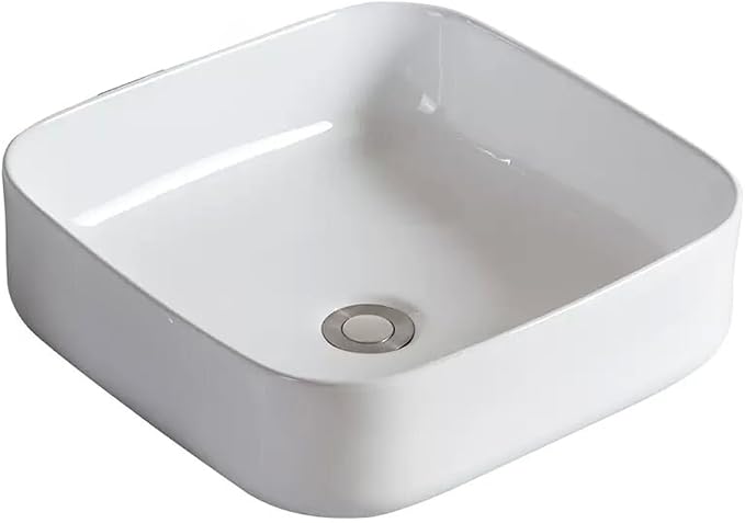 KINGWONG 15" Ceramic Vessel Sink, White Square Bathroom Sink Above Counter | Easy-Clean Porcelain Vanity Sink with Rounded Corner & No Overflow, Compact 15.15" Design for RV, Powder Room, Small Space